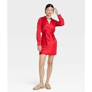 A New Day Women's Size Medium Red Long Sleeve V Neck Satin Shirt Dress Mini